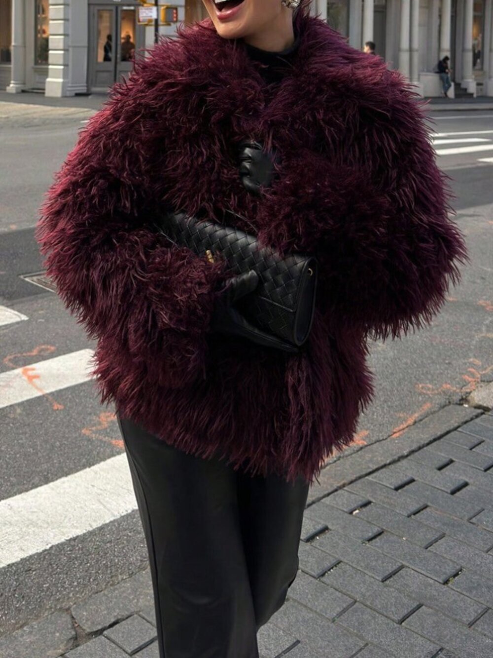 Burgundy Casual Women's Sexy Short Faux Fur Jacket